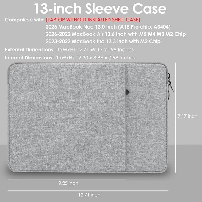 ProElife 13-Inch Laptop Sleeve Case for 2026-2022 MacBook Air 13.6 inch M5 M4 M3 M2 & MacBook Neo 13'' A18 Pro, Pro 13'' M2 Chip Accessory Water-Resistant Bag Traveling Carry Cover Case (Gray)