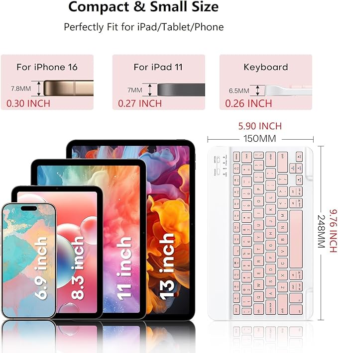 Emetok Wireless Keyboard for Tablet/iPad/iOS/Android/Windows, Mini Bluetooth Keyboard, Portable Size Ultra-Slim Design, Rechargeable Speedier Response/Comfortable Typing, Pink