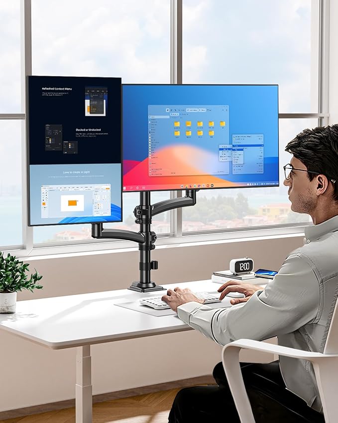 Dual Monitor Stand for 2 Screens up to 32 inch, Vertical Stacked Dual Monitor Mount, Full Motion Adjustable Tall Double Monitor Desk Mount, Each Arm Holds 4.4-22lbs, VESA 75/100mm, Black, Freelift