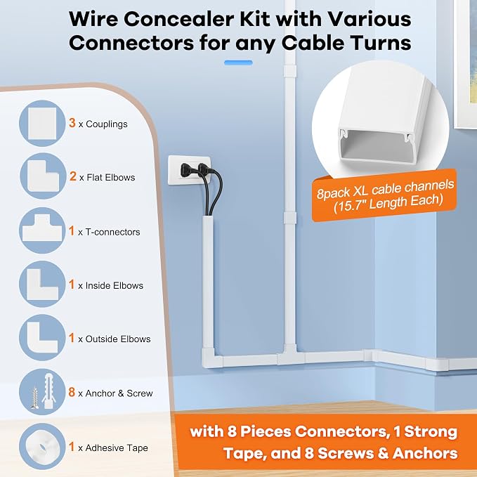 Cord Hider Kit 126in (8 x L15.7in) - ZhiYo Cable Covers for Wires on Wall, Wire Hider for Wall Mounted TV, White Cable Raceway, Paintable Cord Cover Cable Management for Home Office, W1.54in x H0.75in - Image 3