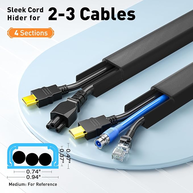 Delamu Black Cord Hider, 56.7in Black Cable Hider, Cord Covers for Wires on Wall, Wire Hider Wire Covers for 2-3 Cords on Wall, Easier Setup Cable Raceway Cable Management, 4X L14.2 W0.94 H0.47in - Image 2