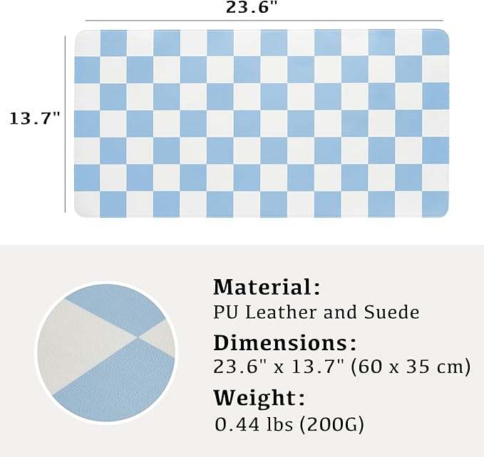 Checkered Desk Mat, Large Cute Aesthetic Retro PU Leather Computer Laptop Desk Mat, Non-Slip Waterproof Mouse Keyboard Pad, Desk Writing Mat for Work/Home (Blue, 23.6" x 13.7")