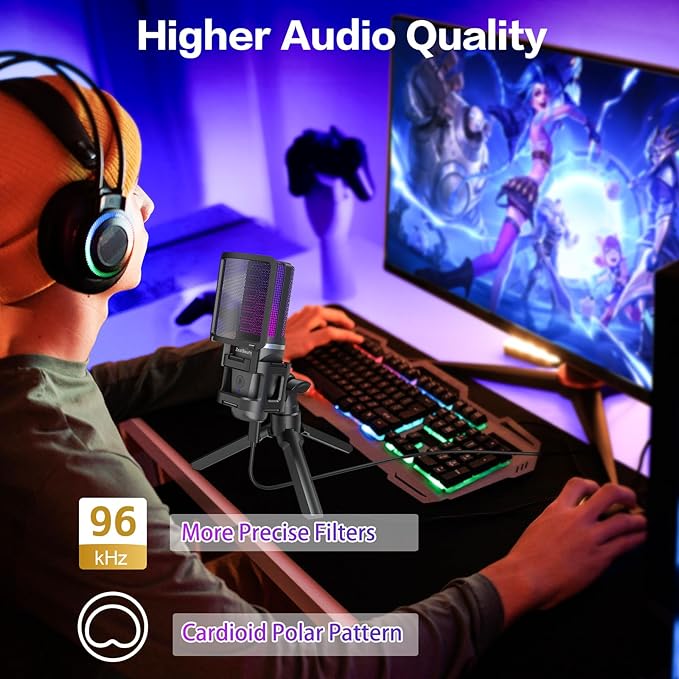 ZealSound Gaming USB Microphone for PC,RGB Condenser Computer Mic with Tripod Stand,Quick Mute,Gain Control for Gaming,Streaming,Podcasting,Recording,ASMR,Cardioid Mic Kit for Laptop/PS4/PS5/Phone