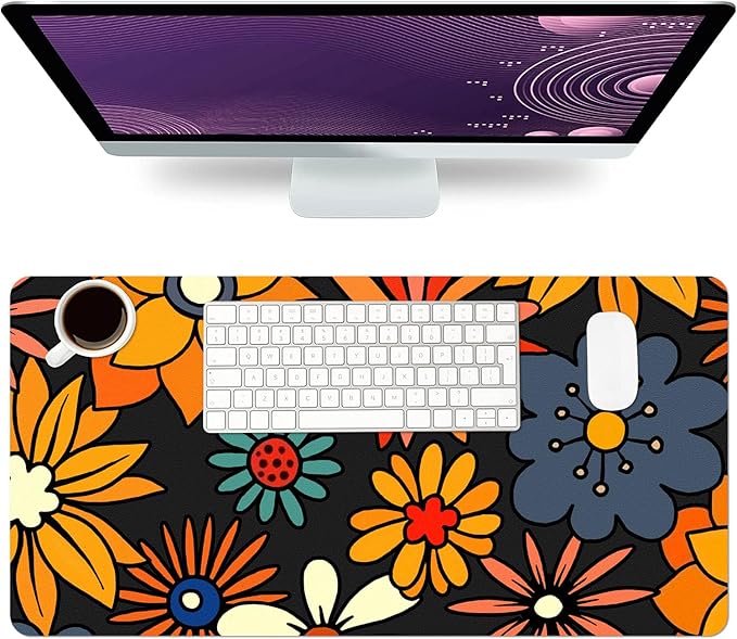 Desk Mat Large Protector Pad 31.5" ×15.7", Non-Slip PU Leather Desk Blotter, Waterproof Mouse Pad for Office Home Retro Flower
