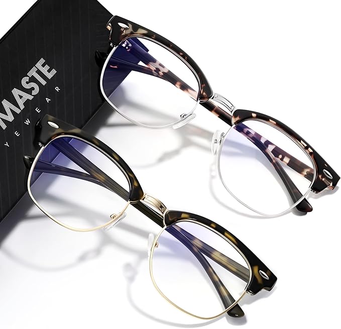 Blue Light Blocking Glasses Vintage Half Frame UV Clear Lens Anti Eyestrain Computer Gaming Glasses for Women Men (G04-leopard Silver+green leopard Gold)