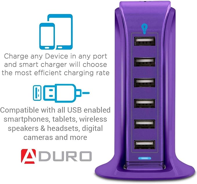Aduro 40W 6-Port USB Desktop Charging Station Hub Wall Charger for iPhone iPad Tablets Smartphones with Smart Flow (Purple)