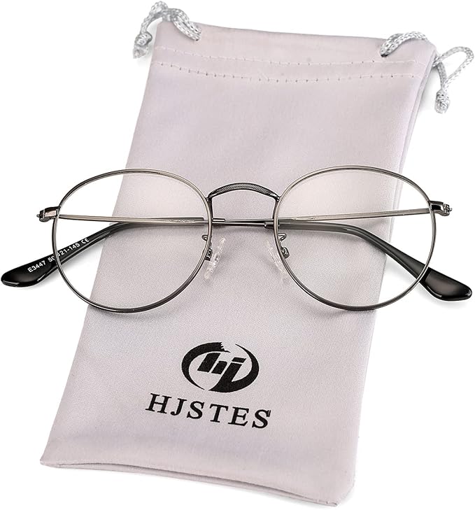 HJSTES Round Blue Light Glasses for Women Men Retro Circle Clear Lens Metal Frame Eyeglasses