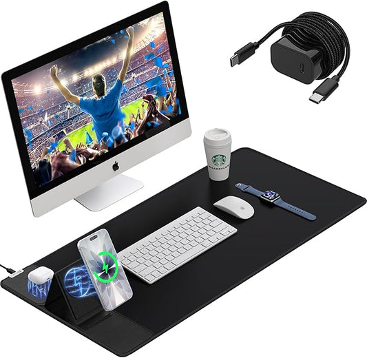 Wireless Charging Mouse Pad with Foldable Phone Holder, 15W Magnetic Fast Charging for iPhone Samsung, 31.5"x15.75" Large Desk Mat for Laptop/Keyboard, Waterproof Gaming Mousepad with Non-Slip Base