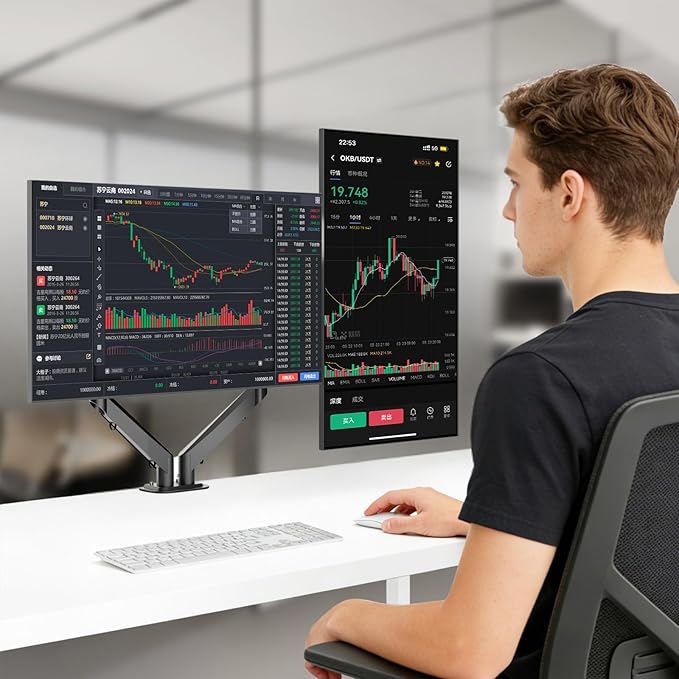 Pholiten Dual Monitor Stand, Fully Adjustable Gas Spring Arms for 17 to 32 inch Screens, VESA 75x75, 100x100, Max 22 lbs