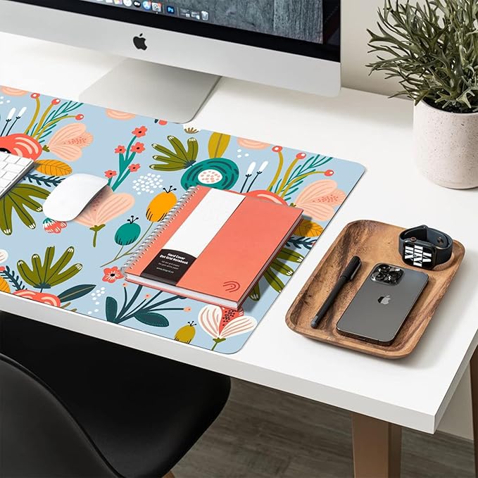 Desk Mat Large Protector Pad 31.5" ×15.7", Non-Slip PU Leather Desk Blotter, Waterproof Mouse Pad for Office Home Blue Floral