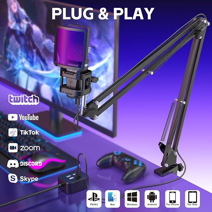 ZealSound Gaming Microphone, USB Mic for PC with Noise Cancellation, RGB, Mute, Gain Control, Zero-Latency Monitoring, Boom Arm, Tripod Stand & Pop Filter, for Mac, iPhone, Streaming, Twitch, YouTube