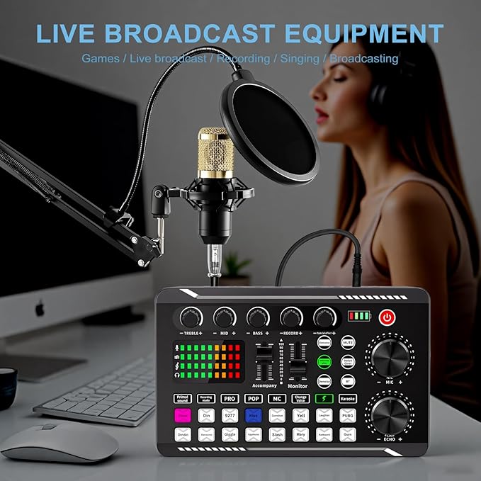 ALSO GO Podcast Equipment Bundle, Podcast Equipment with BM-800 Microphone(Gold) & F998 Sound Card, Recording Studio Equipment for Podcasting, Singing, Gaming, and Live Streaming YouTube Tiktok