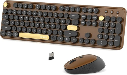 Colorful Wireless Computer Keyboards Mouse Combos, UBOTIE Polychrome Round Keycaps Retro PC Keyboards 2.4GHz Radio Frequency Connection with Optical Mouse(Black Brown)