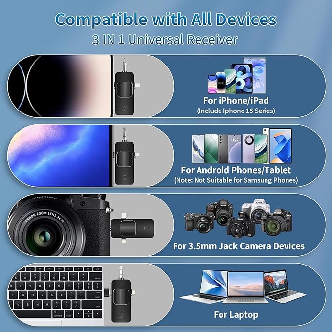 3 in 1 Wireless Lavalier Microphone for iPhone, Android, Camera, 12Hour Battery, Noise Reduction Recording Mic 2.4G Ultra-Low Delay, Mini Microphone for Vlog/TikTok/YouTube Live Stream(2 Mic)