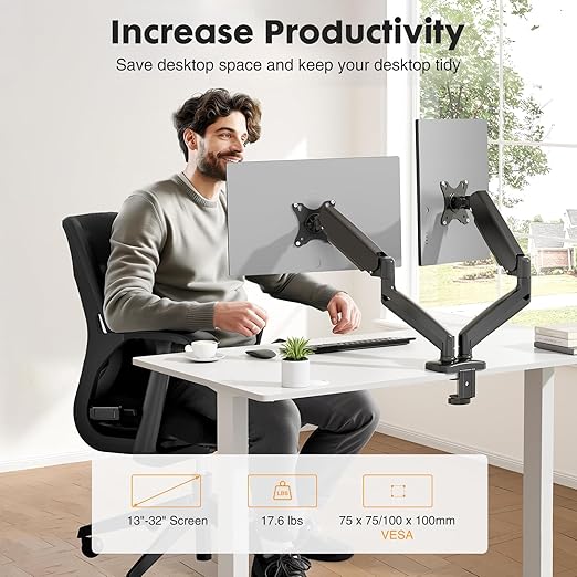 DUMOS 2Pcs Dual Monitor Mount for Desk, Gas Spring Monitor Arm for 2 Monitors Max 32 Inches, Fully Adjustable Double Monitor Mount, VESA Mount with C-Clamp/Grommet Base, Holds Screen 17.6 lbs