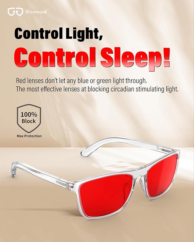 Bloomoak 100% Red Lens Blue Green Light Blocking Glasses- Dual AR Coatings Sleep Glasses Before Bed - Anti Glare, Fatigue