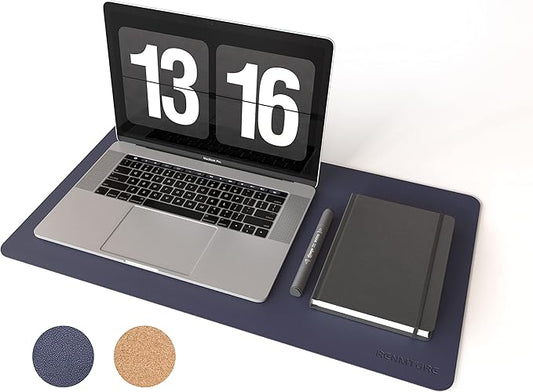RENMTURE Dual-Sided Mouse Pad, Natural Cork & PU Leather Large Desk Pad for Office and Home Work, Desk Protector Non-Slip, Waterproof, Easy Clean (Dark Blue, 23.6" x 13.7")