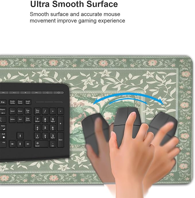Sage Green Floral XXL Desk Pad Mat - Extra Large Mouse Pad with Anti-Slip Base & Stitched Edges for Women, Office, Home Desktop Computer Keyboard, Aesthetic Office Decor Supplies