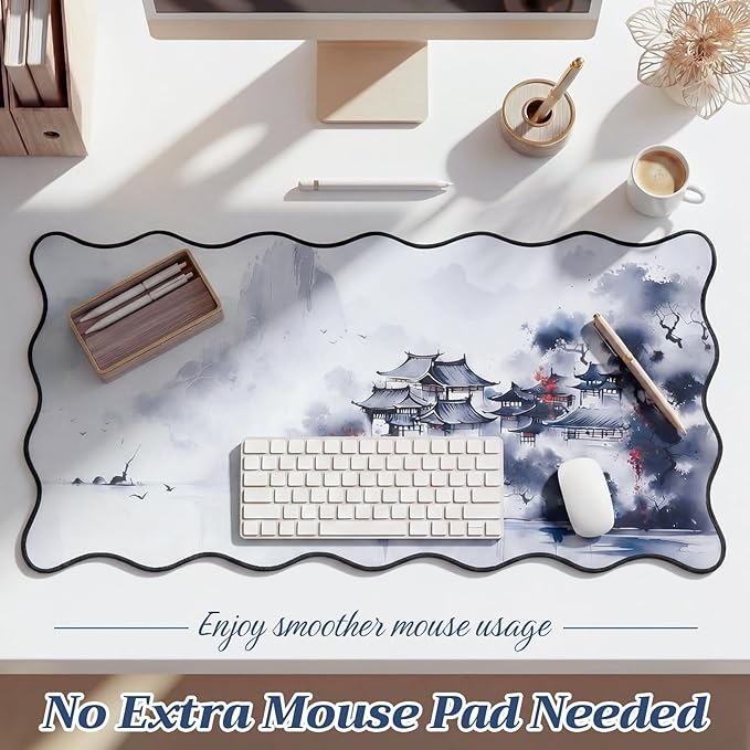 Kingdder Scalloped Ink Landscape Desk Mat Large Chinese Ink Painting Mouse Pad 31.5" x 15.7" Chinoiserie Aesthetic Vintage Nonslip Rubber Base Keyboard Pad for Laptop Computer Dorm Home Office Gaming