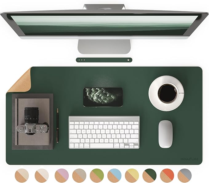 RENMTURE Desk Pad, Cork & PU Leather Desk Mat, Large Mouse pad, Non-Slip Desk Protector and Blotter, Waterproof Writing Pad, Desk Accessories and Organizers for Home Office (Deep Green,32"x16")
