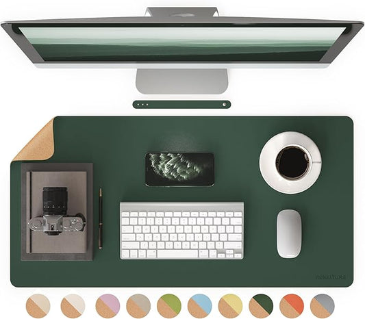 RENMTURE Desk Pad, Cork & PU Leather Desk Mat, Large Mouse pad, Non-Slip Desk Protector and Blotter, Waterproof Writing Pad, Desk Accessories and Organizers for Home Office (Deep Green,32"x16")