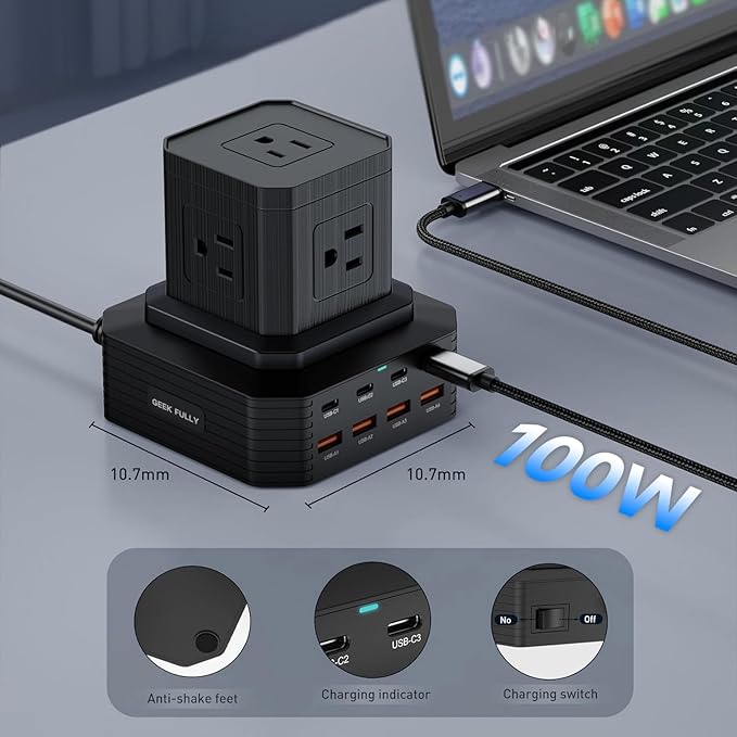 Charging Station (100W), 13-in-1 USB C Power Strip with Surge Protection, 6.6Ft Extension Cord, 4 USB C and 4 USB A Ports, 5 AC Outlets for Home Office Dorm Room