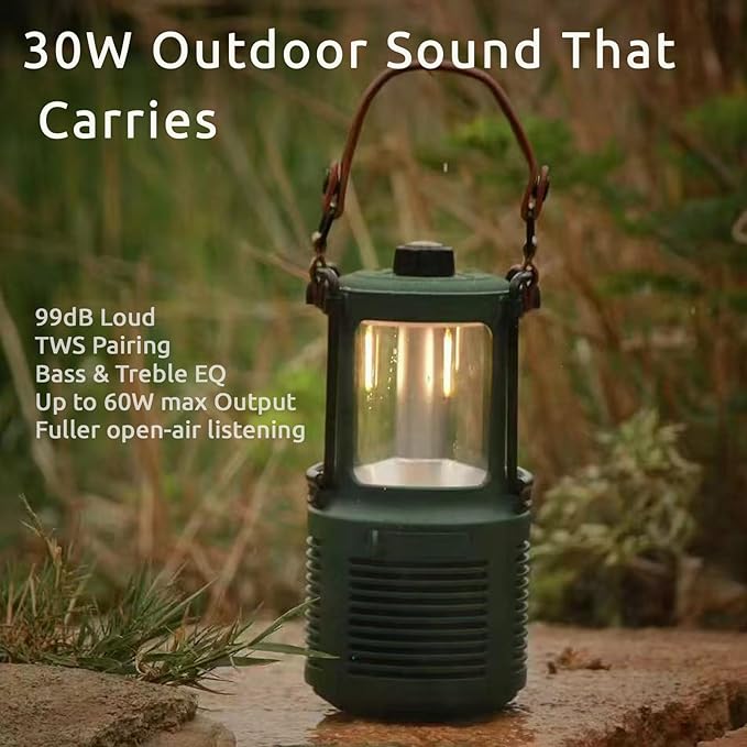 Dreamwave Conqueror Lantern Speaker, 30W RMS / 60W Max Portable Outdoor Camping Bluetooth Speaker with Light, 29H Playtime, IP66 Waterproof Dustproof, Bass & Treble EQ, TWS Stereo, Arctic White