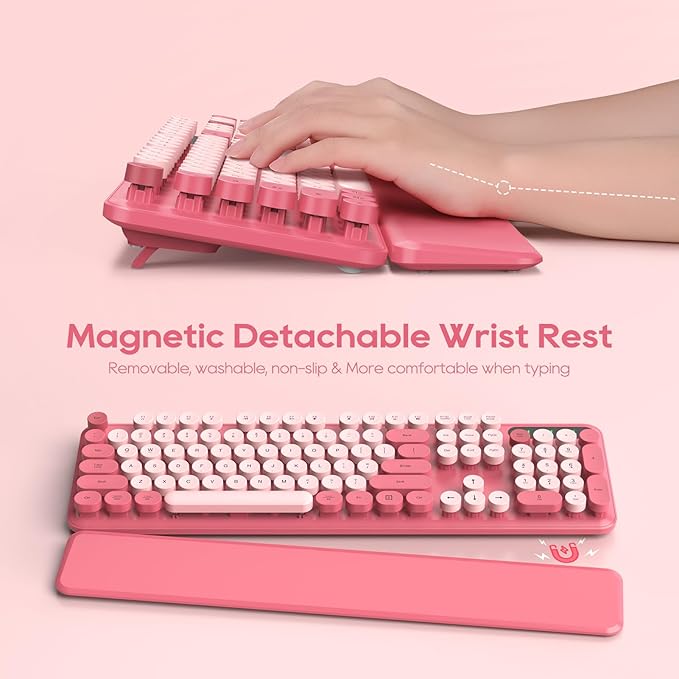 Wireless Keyboard and Mouse Combo, Cute Hot Pink Full-Size Retro Typewriter Keyboard with Round Keycaps, Magnetic Wrist Rest, Tilt Legs, 2.4GHz Cordless for Mac, Windows PC, Laptop, SABLUTE CK23