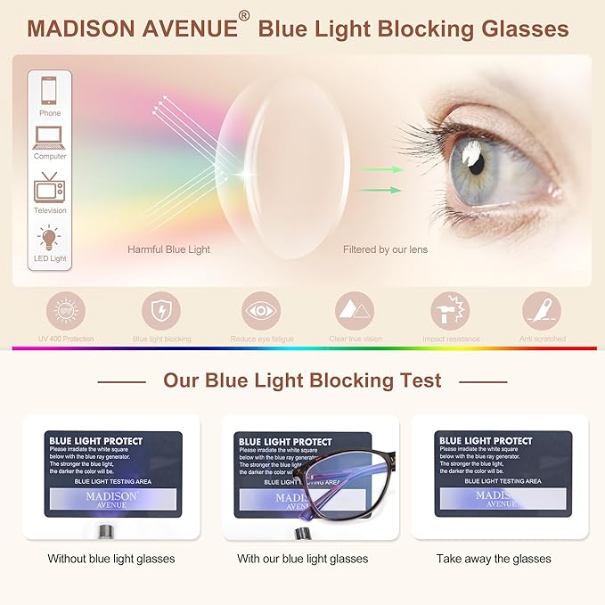 Madison Avenue Blue Light Blocking Glasses Anti Eyestrain UV Glare Blue Light Glasses for Women with Case, TV Phone Computer Gaming Eyeglasses (Demi)