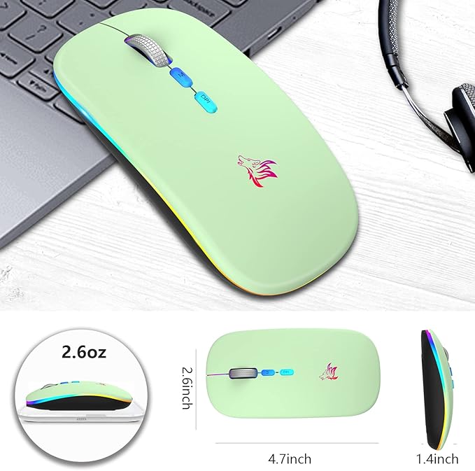 HOTLIFE LED Wireless Mouse, Slim Rechargeable Silent Portable USB Optical 2.4G Wireless Bluetooth Two Mode Computer Mice with USB Receiver and Type C Adapter (Green)
