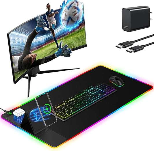 Mouse Pad with Adjustable Phone Stand Dual Wireless Charger, 15W Fast Charging Desk Mat, Extra Large 31.5x15.75 Waterproof Desk Pad for iPhone Samsung Air-Pods, Gaming Mousepad w/ 11&4 RGB