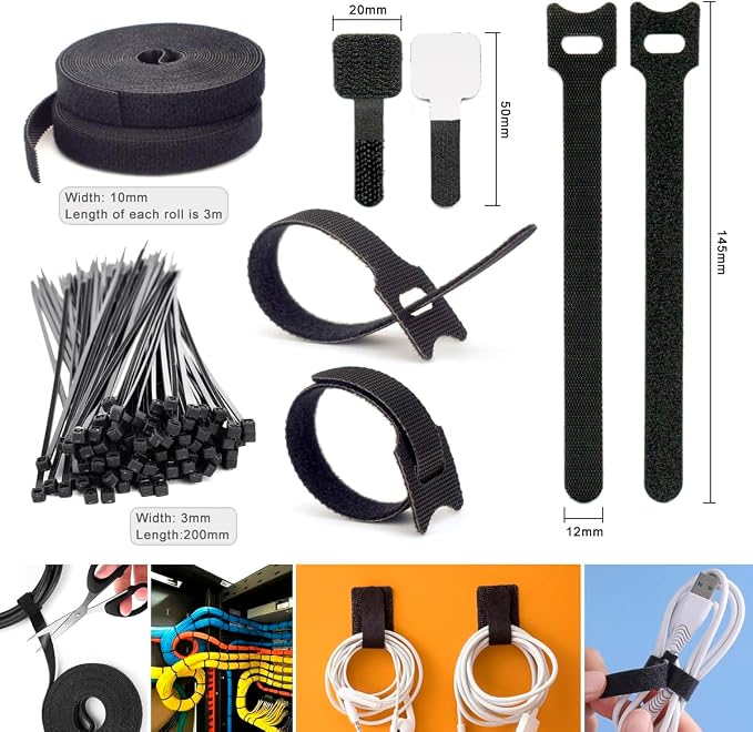 ZIIYAN 163 PCS Cable Management Kit, 3 Wire Organizer Sleeve, 8 Self Adhesive Cable Holder, 25 Cord Clips, 20+2 Roll Reusable Cable Straps and 100 Fastening Cable Ties for Computer TV Under Desk - Image 5
