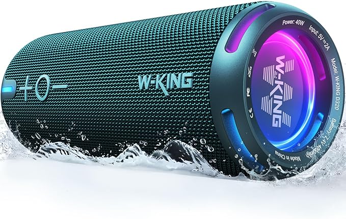 W-KING Portable Bluetooth Speakers Loud, IPX7 Waterproof Outdoor Speakers Wireless, APP Customized EQ, Dual Voice Coil/Deep Bass, 360° Sound with Lights/V5.3/TF/AUX, 40W Party Boombox Shower Speaker