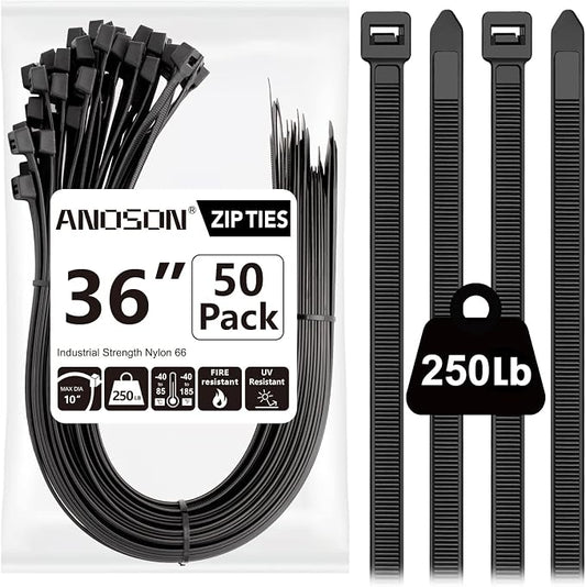 Large Zip Ties 36 inch (50 Pack), Long Zip Ties Heavy Duty with 250 lb Tensile Strength, Big Cable Ties, Black, by ANOSON by ANOSON