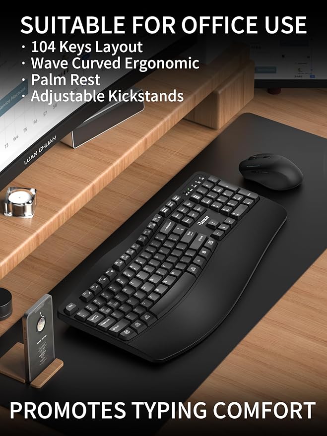 Wireless Keyboard and Mouse Combo,2.4G Full Size Wave Keys Ergonomic Keyboard with Wrist Rest for Natural Typing, 3 DPI Adjustable Ergonomic Silent Mouse for Computer/Laptop/Windows/Mac (Black)