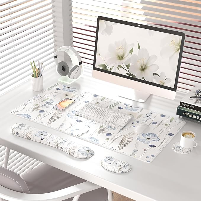 QIYI Leather Desk Mat Set, 4-in-1 Large Mouse Pad with Wrist Rest, Non-Slip Desk Pad + Keyboard Wrist Rest + Mouse Wrist Support + Coaster, Office Desk Accessories Home Decor Supplies, Wildflowers