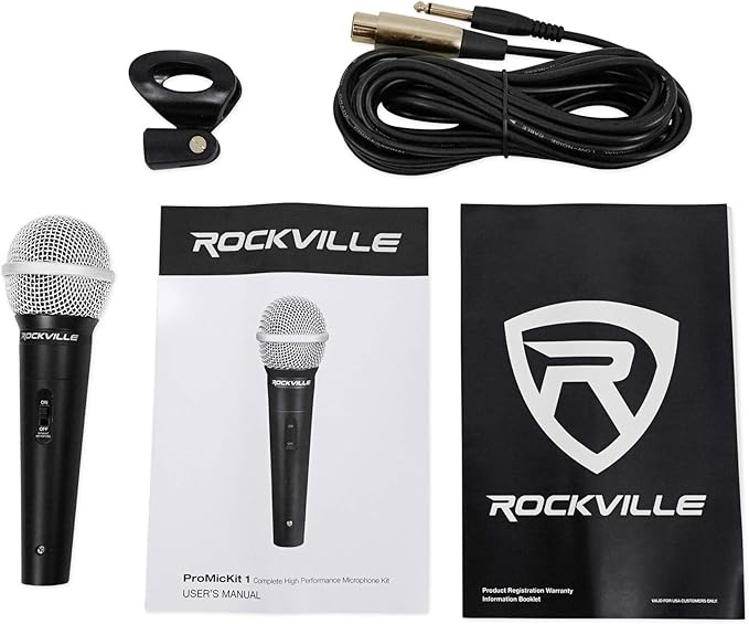 Rockville Wired Pro MIc Kit 1 - High-End Metal Microphone+Mic Stand+Carry Bag+Cable, Black