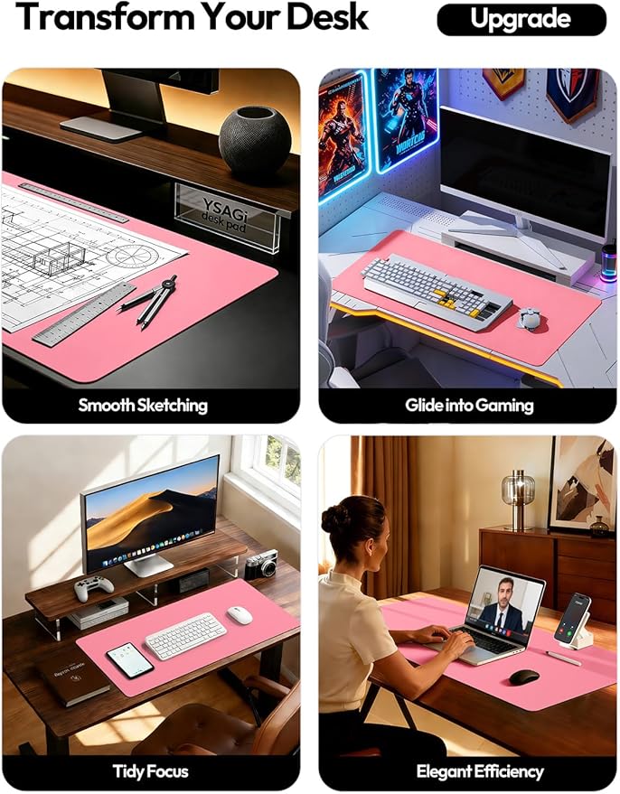 YSAGi Leather Desk Pad Protector, Large Mouse Pad, Non-Slip PU Leather Desk Blotter, Laptop Desk Pad/Mat, Waterproof Writing Pad for Office and Home (23.6" x 13.8", Pink)