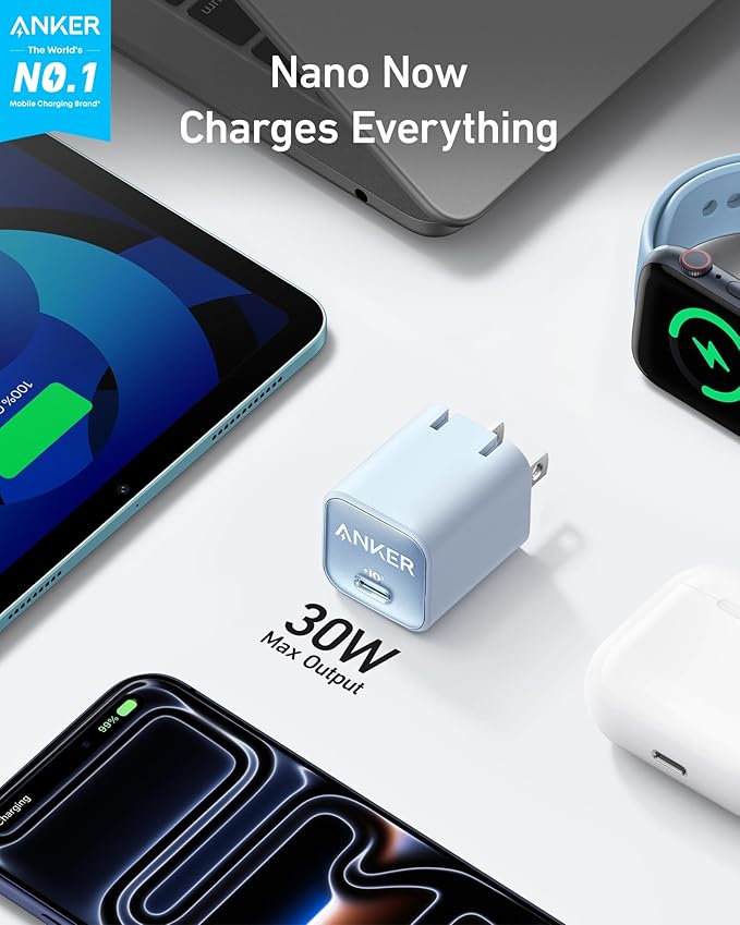 Anker Nano Charger, USB C GaN Charger 30W, PIQ 3.0 Foldable PPS Fast Charger for iPhone 17 / 16 and more series, Galaxy, iPad, Compatible with MagSafe