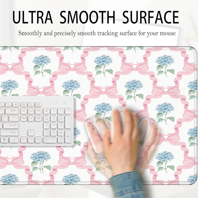 Blue Hydrangea Large Mouse Pad 31.5x15.7inch, Trendy Coquette Pink Bow Flower Aesthetic Large Extended Computer Desk Mat Mousepad for Keyboard and Mouse, Preppy Desk Accessories