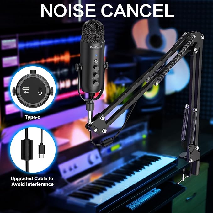 ZealSound Gaming Microphone for PC, USB Podcast Microphone with Noise Reduction, Mute & Gain Control, Zero-Latency Monitoring, Echo Control, Boom Arm, for Mac, iPhone, Stream, YouTube, TikTok, Discord