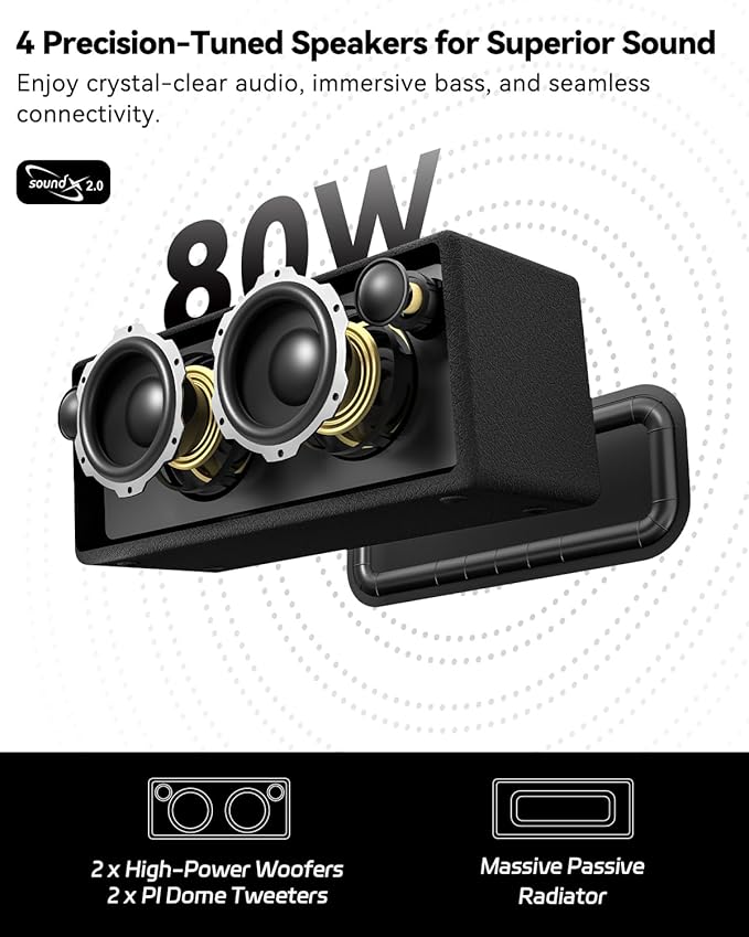 Bluetooth Speaker, StageSound Retro Speaker Wireless, Portable Loud Speaker with Bass Boost, 80W, IP67 Waterproof, LED Lights, TWS Pairing, 12H Playtime, TF/AUX/USB Play for Party, Home, Outdoor, Gift