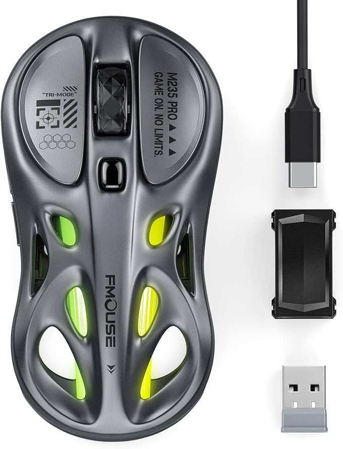 Gaming Wireless Mouse, Tri-Mode (2.4G/Bluetooth/Wired), 4800 DPI, 1000Hz Ergonomic Hollow RGB Rechargeable Type-C for Mac/Laptop/iPad/Office - Gray