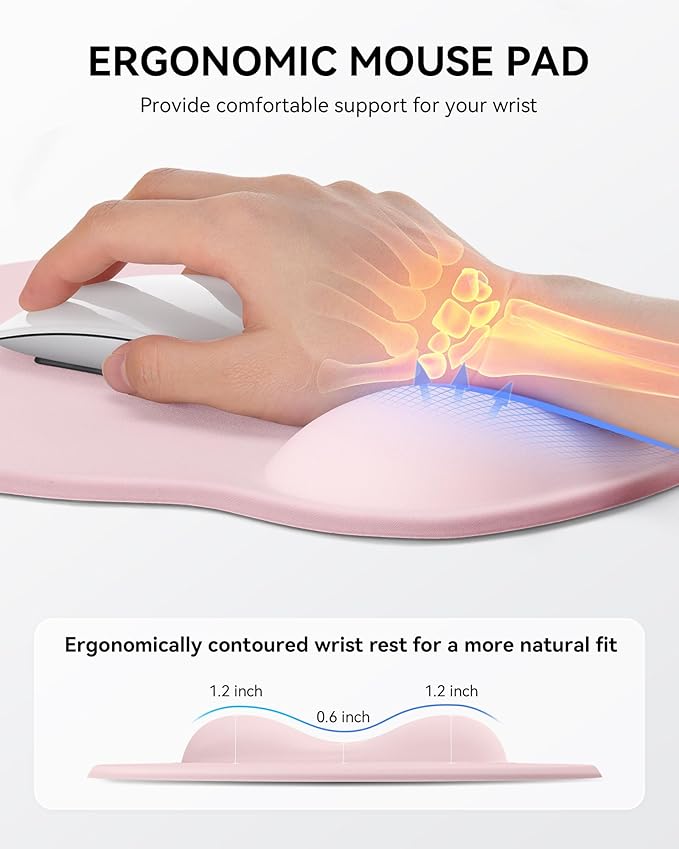 Mouse Pad with Wrist Rest, Ergonomic Mouse Pads for Desk, Office Non-Slip Mousepad with Gel Wrist Support(Light Pink, 10.6''L x 9''W)