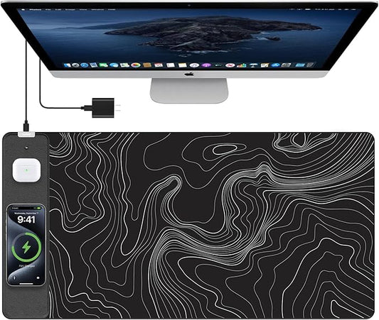 TopMade Mouse Pad with 15W Fast Wireless Charging, 31.5"x15.75" XXL Large Gaming Waterproof Desk Pad, Computer Desk Mat, Black Topographic Map #2 (Includes 20W PD Power Adapter & 6.56ft Woven Cable)