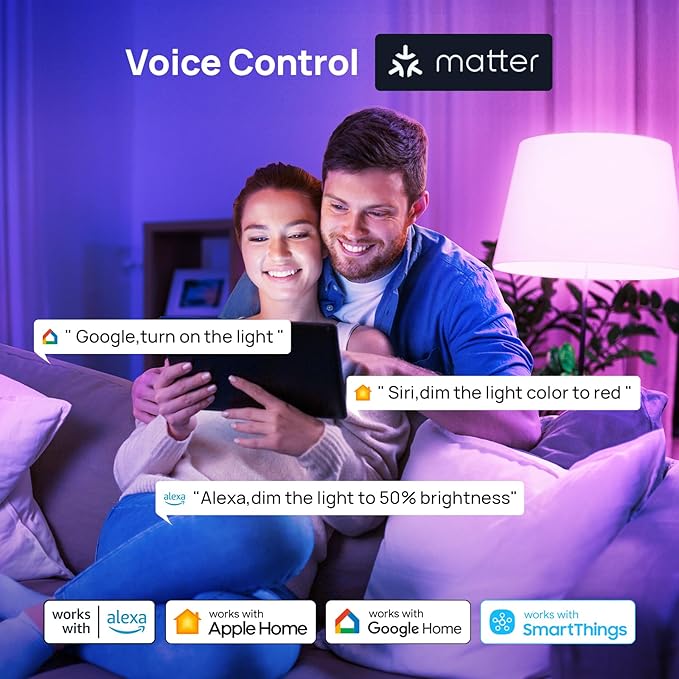 Consciot Smart Light Bulbs, A19 E26 Color Changing LED Bulbs, WiFi & Bluetooth, Matter-Certified, Works with Alexa, Google Home & Siri, No Hub Required, Music Sync, 800 Lumens 60W Equivalent, 4 Pack