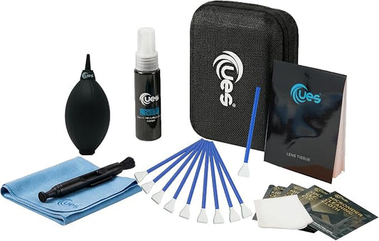 UES Professional Camera Cleaning Kit with Hard Travel Case - DSLR & Mirrorless Maintenance Bundle: 2-in-1 Lens & Sensor Cleaner, Air Blower, Pen, Microfiber Screen Cloths & 10 APS-C 16mm Swabs by UES