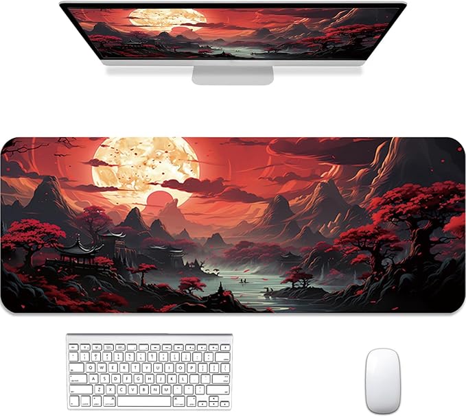 Gaming Mouse Pad 31.5x11.8 inch XL Large Extended Mouse Pad, Big Mousepad Desk Mat for Computer with Non-Slip Rubber Base and Stitched Edge-Red Moon
