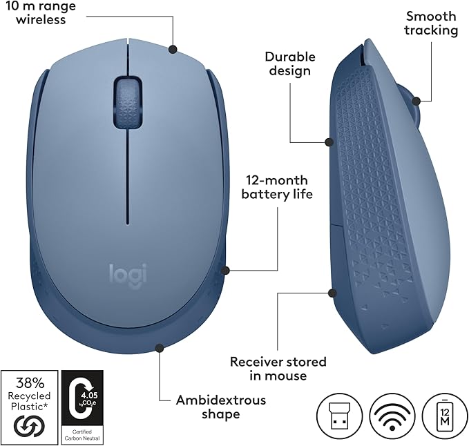Logitech M170 Wireless Mouse for PC, Mac, Laptop, 2.4 GHz with USB Mini Receiver, Optical Tracking, 12-Months Battery Life, Ambidextrous - Blue Grey