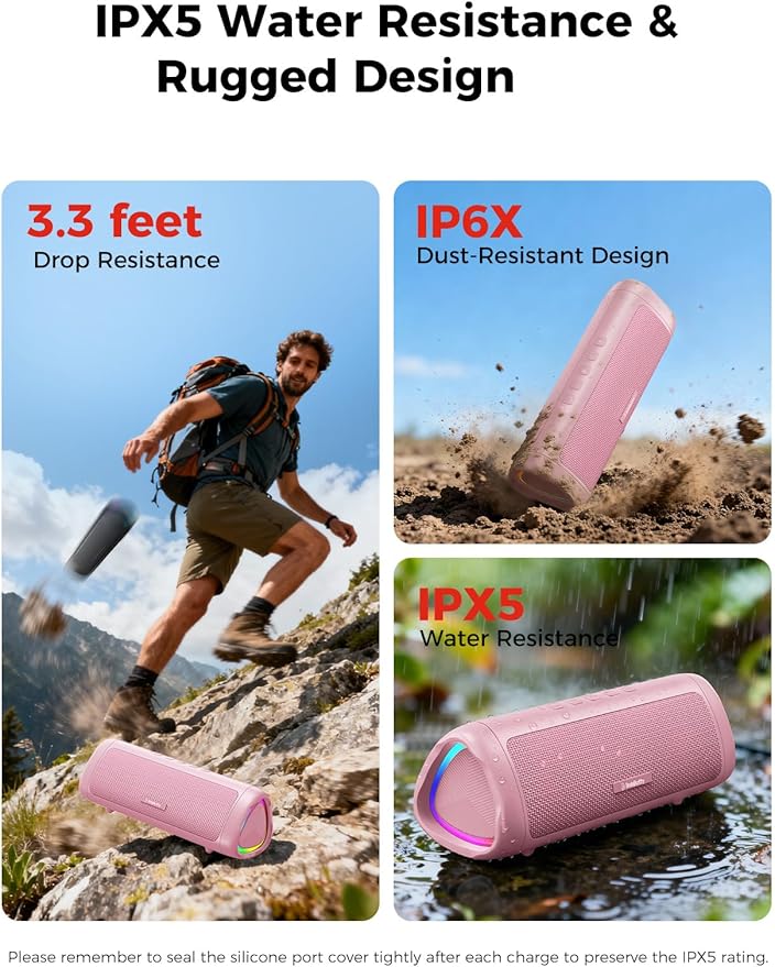 Bluetooth Speaker with HD Sound, Portable Wireless, IPX5 Waterproof, Up to 20H Playtime, TWS Pairing, BT5.3, for Home/Party/Outdoor/Beach, Electronic Gadgets, Birthday Gift (Pink)